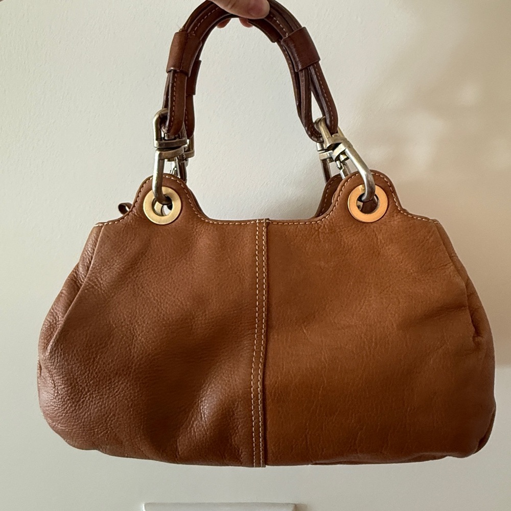 Women's Tan Leather Satchel Handbag with Top Handles